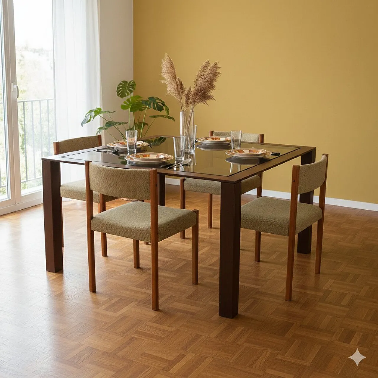 Square enameled metal and smoked glass table, 1980s 2