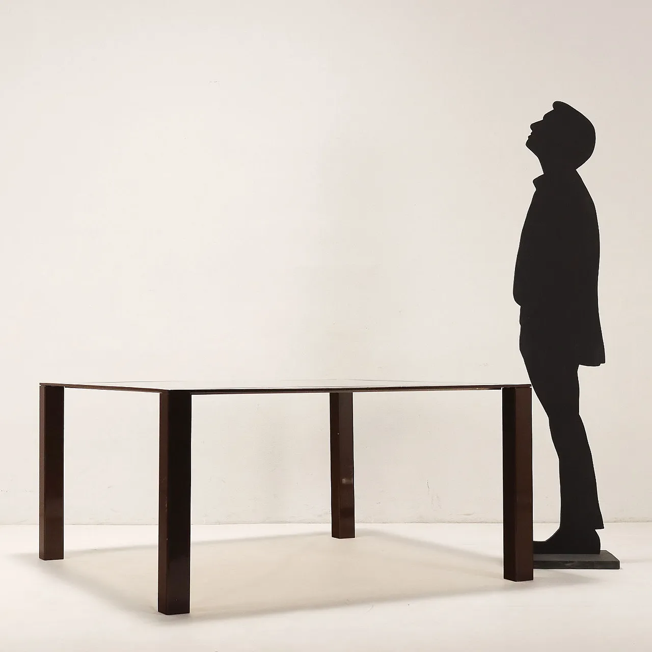 Square enameled metal and smoked glass table, 1980s 3