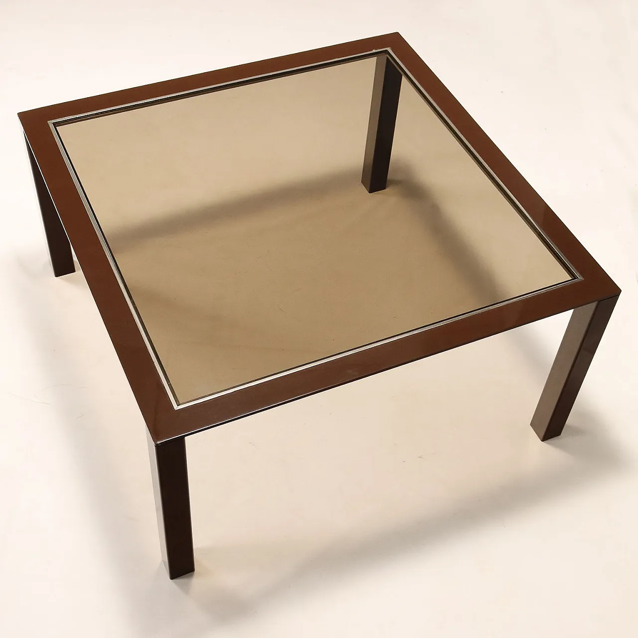Square enameled metal and smoked glass table, 1980s 4
