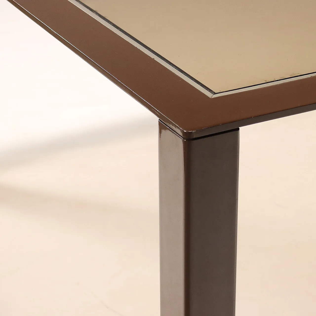 Square enameled metal and smoked glass table, 1980s 5
