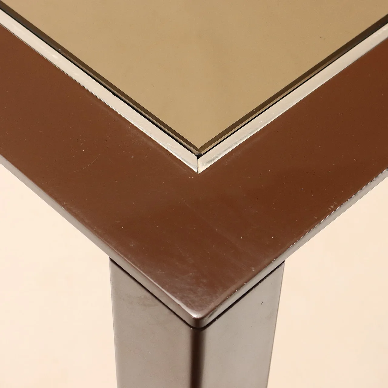 Square enameled metal and smoked glass table, 1980s 6