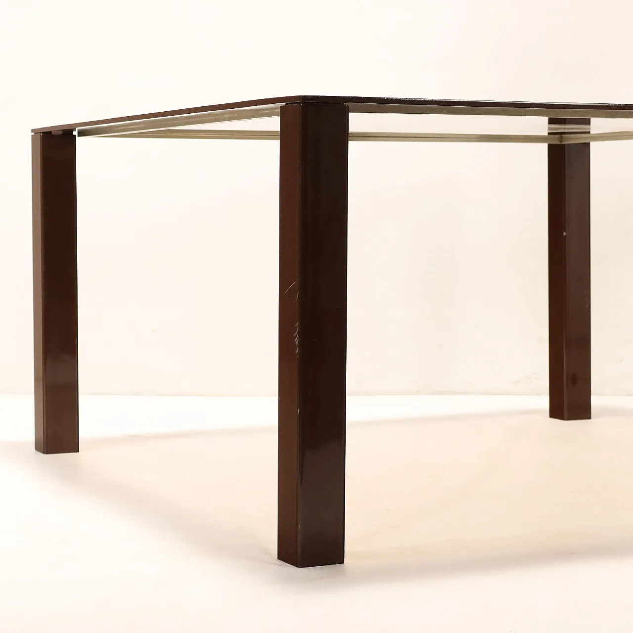 Square enameled metal and smoked glass table, 1980s 8