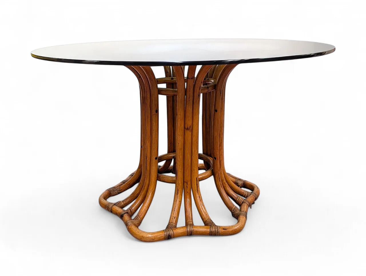 Round wicker table with smoked glass top, 20th century 1