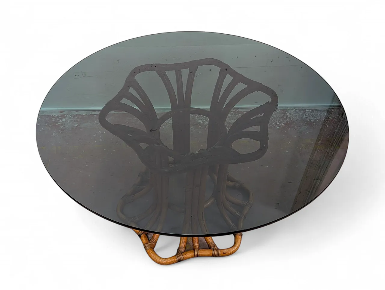 Round wicker table with smoked glass top, 20th century 2