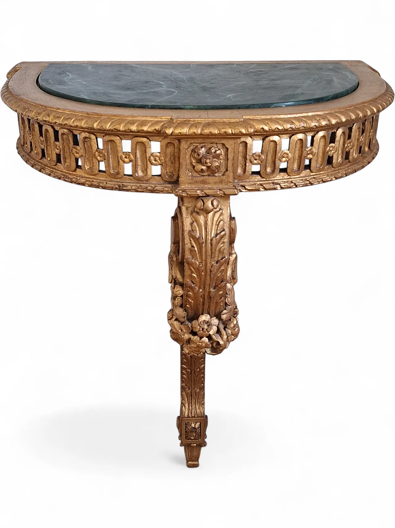 Console table carved wood with gilded leaf and faux marble top, 20th c 17