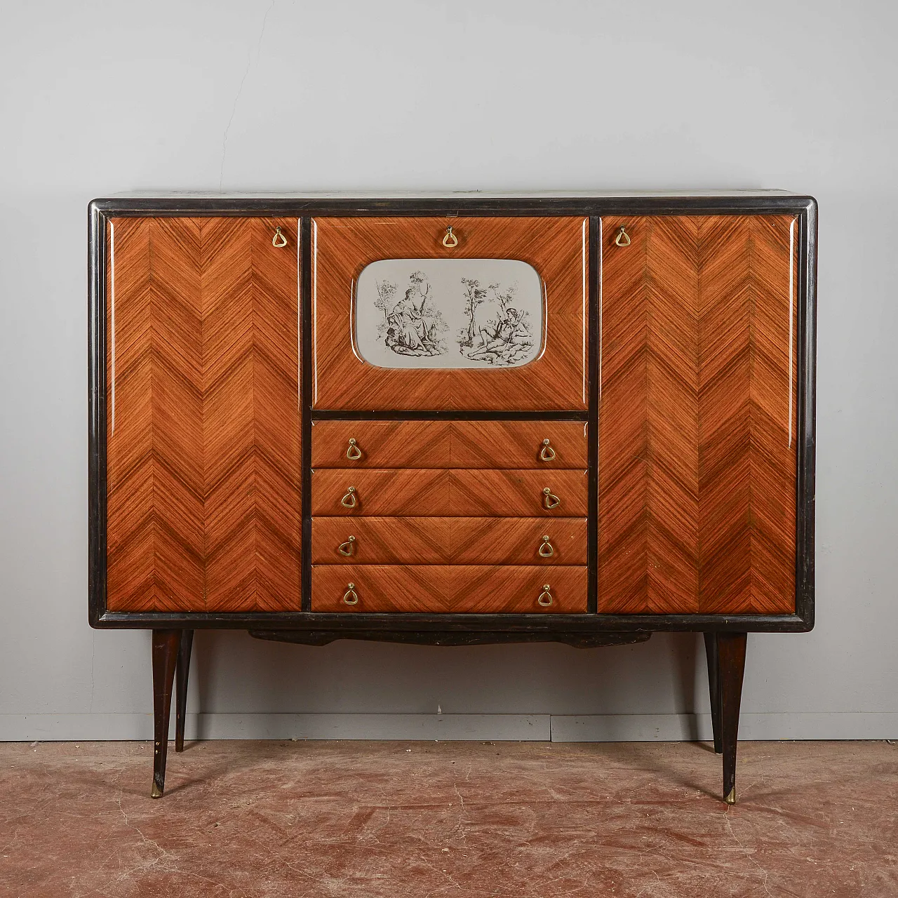 Credenza impellicciata spinata con ribalta, metà '900 3