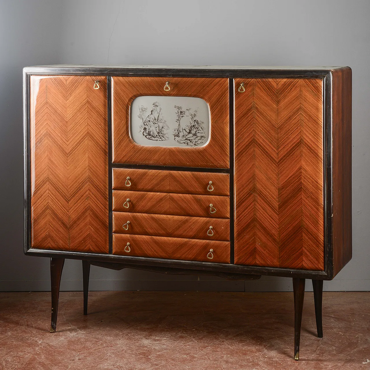 Credenza impellicciata spinata con ribalta, metà '900 4