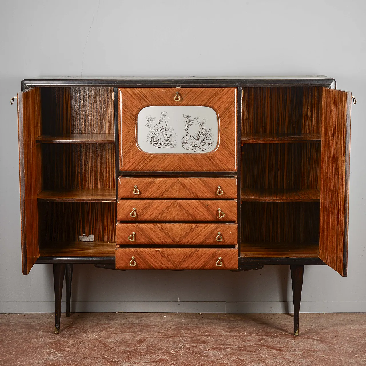 Credenza impellicciata spinata con ribalta, metà '900 5