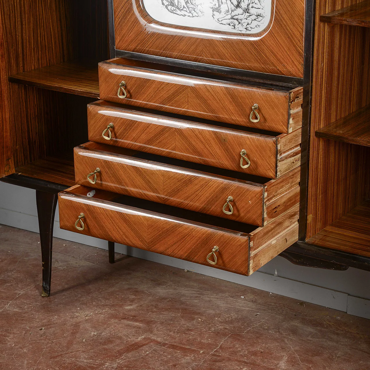 Credenza impellicciata spinata con ribalta, metà '900 6