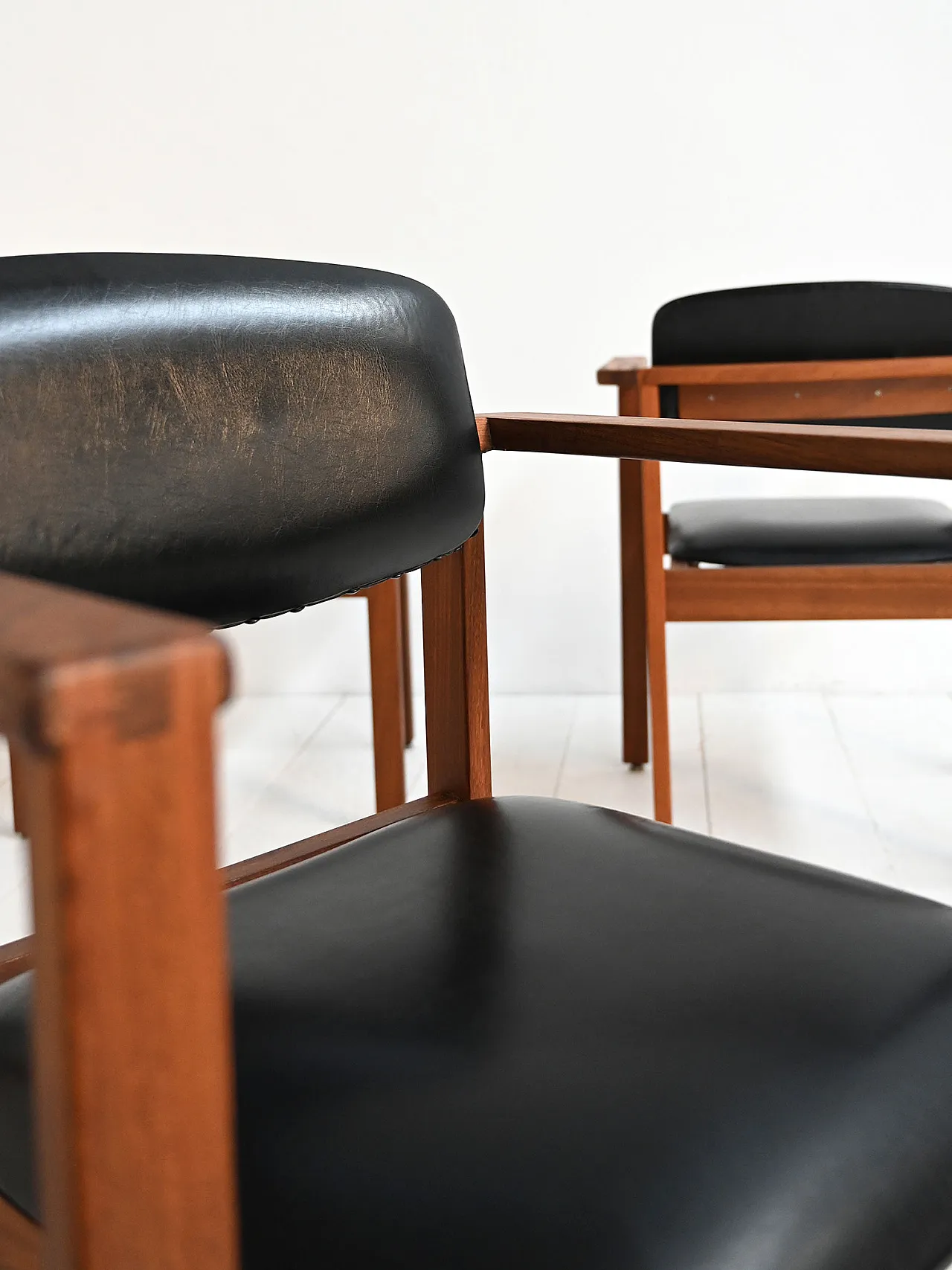 4 teak and leather chairs, Denmark, 1960s 3
