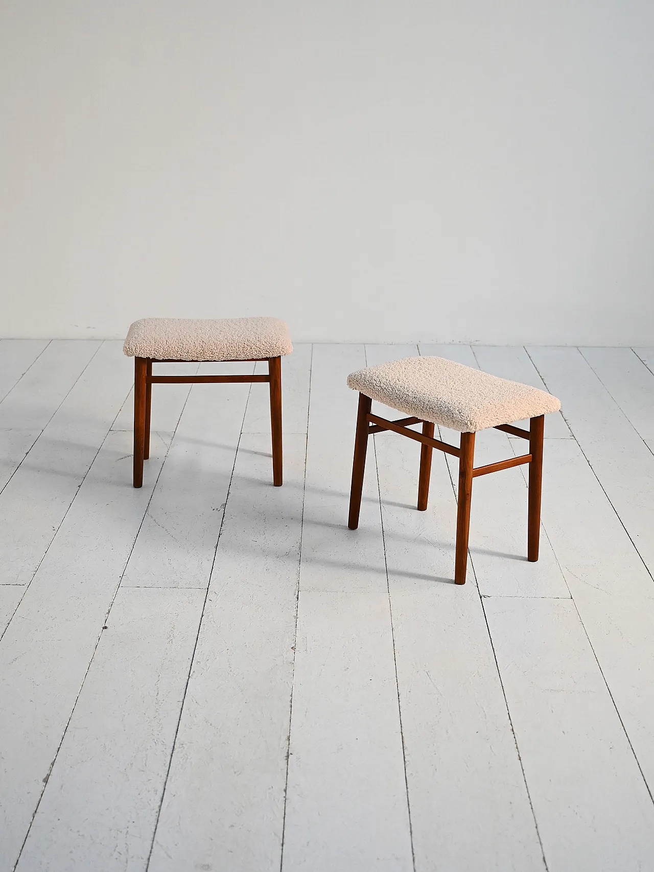 Pair of scandinavian stools in teak and sheepskin, 1960s 2
