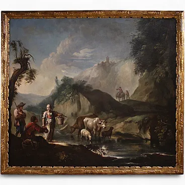 Italian painting landscape with genre scene, 18th century