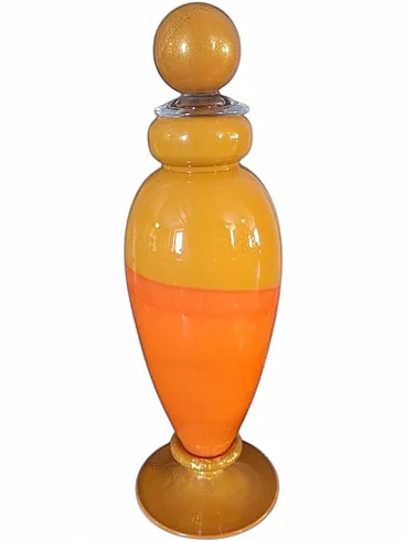 Bottiglia in vetro di Murano con foglie dorate di C. Moretti, anni 80