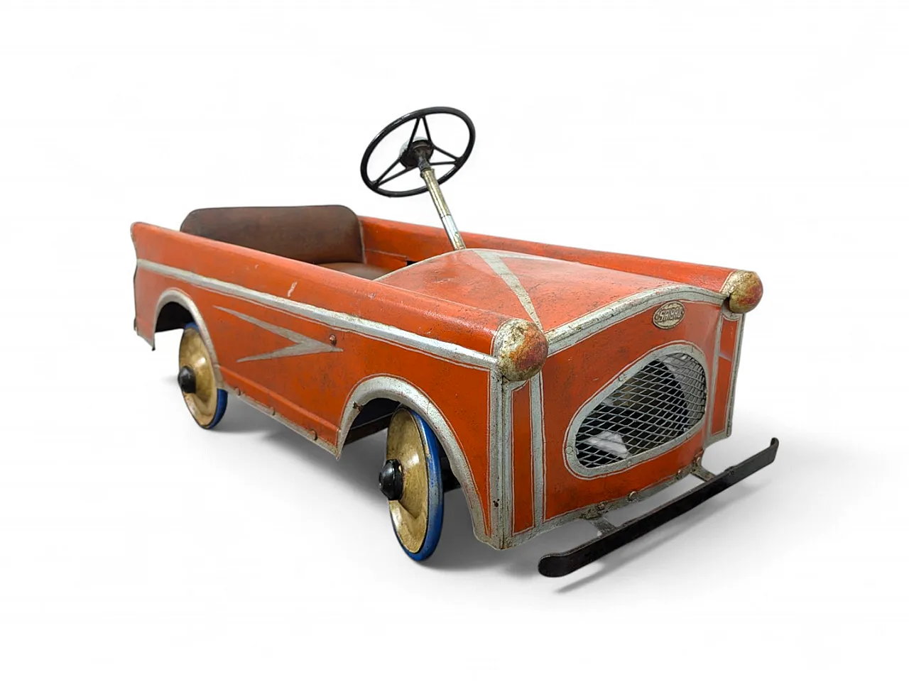 SAIBRO pedal toy car in orange iron, 1950s 1