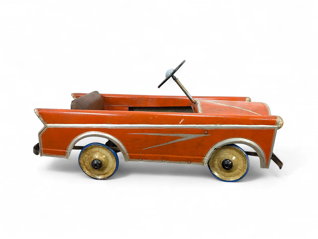 SAIBRO pedal toy car in orange iron, 1950s 2