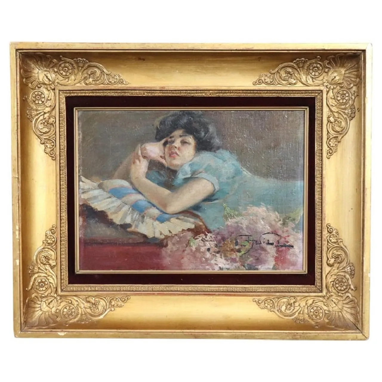 Oil painting on plywood "pensive girl" signed A. Villa, 19th century 1