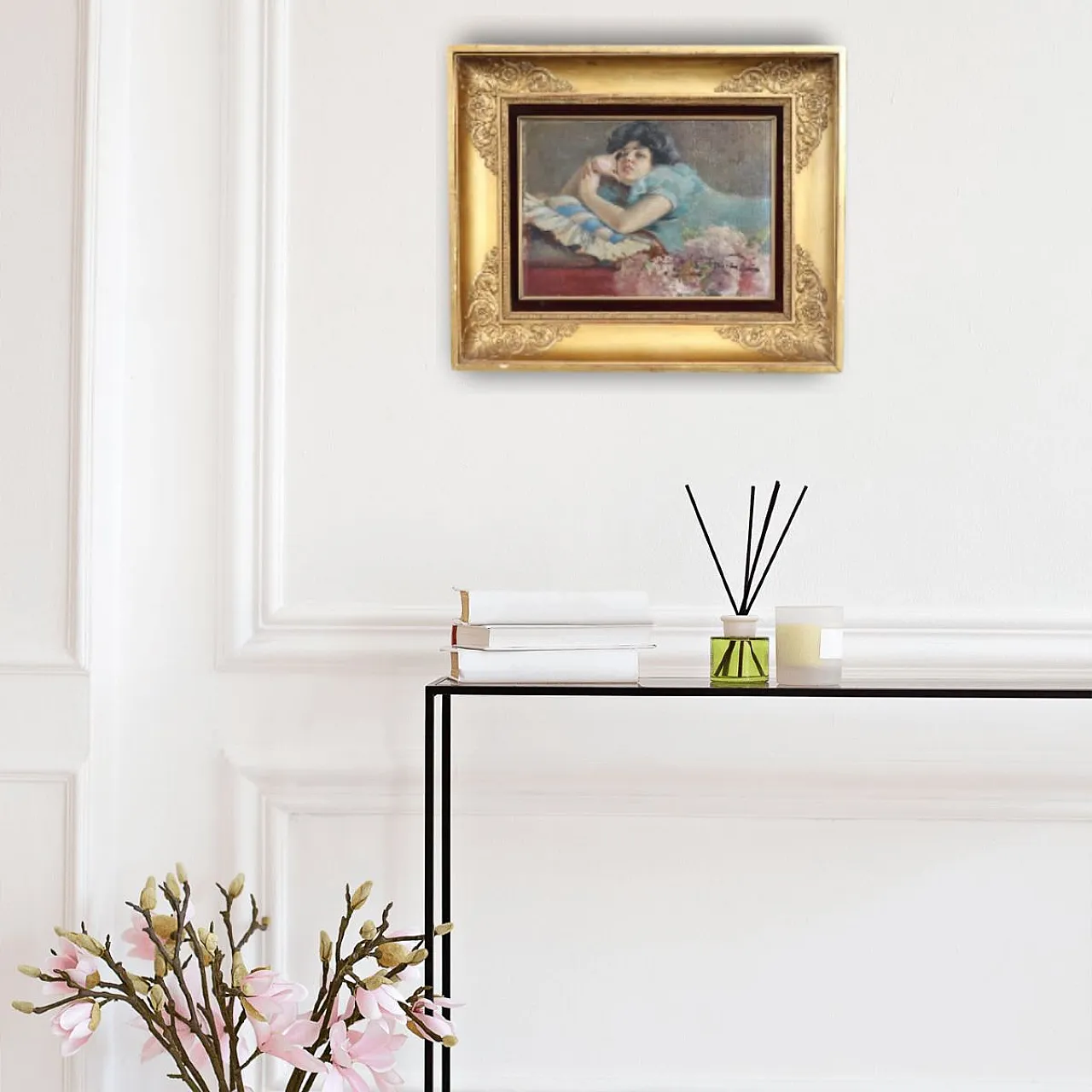 Oil painting on plywood "pensive girl" signed A. Villa, 19th century 2