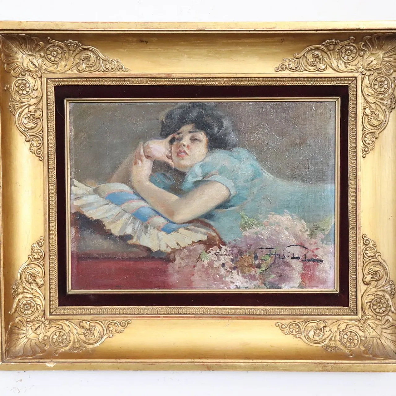 Oil painting on plywood "pensive girl" signed A. Villa, 19th century 3