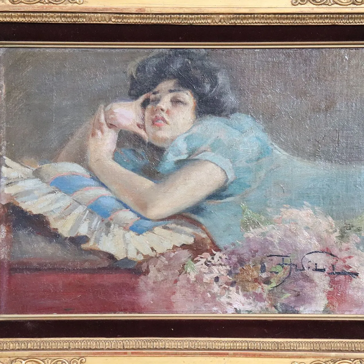 Oil painting on plywood "pensive girl" signed A. Villa, 19th century 4