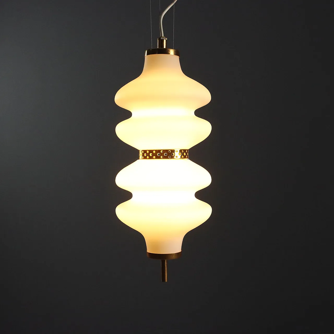 Lampada a sospensione in vetro e ottone, anni '60 3