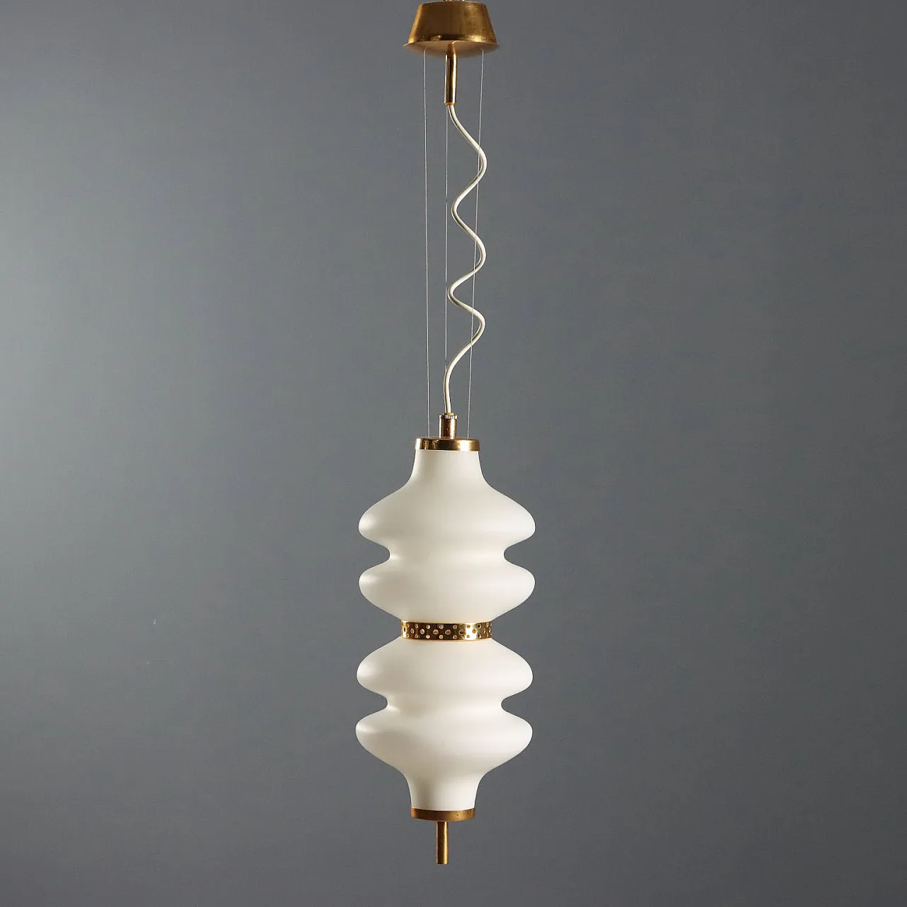 Lampada a sospensione in vetro e ottone, anni '60 6