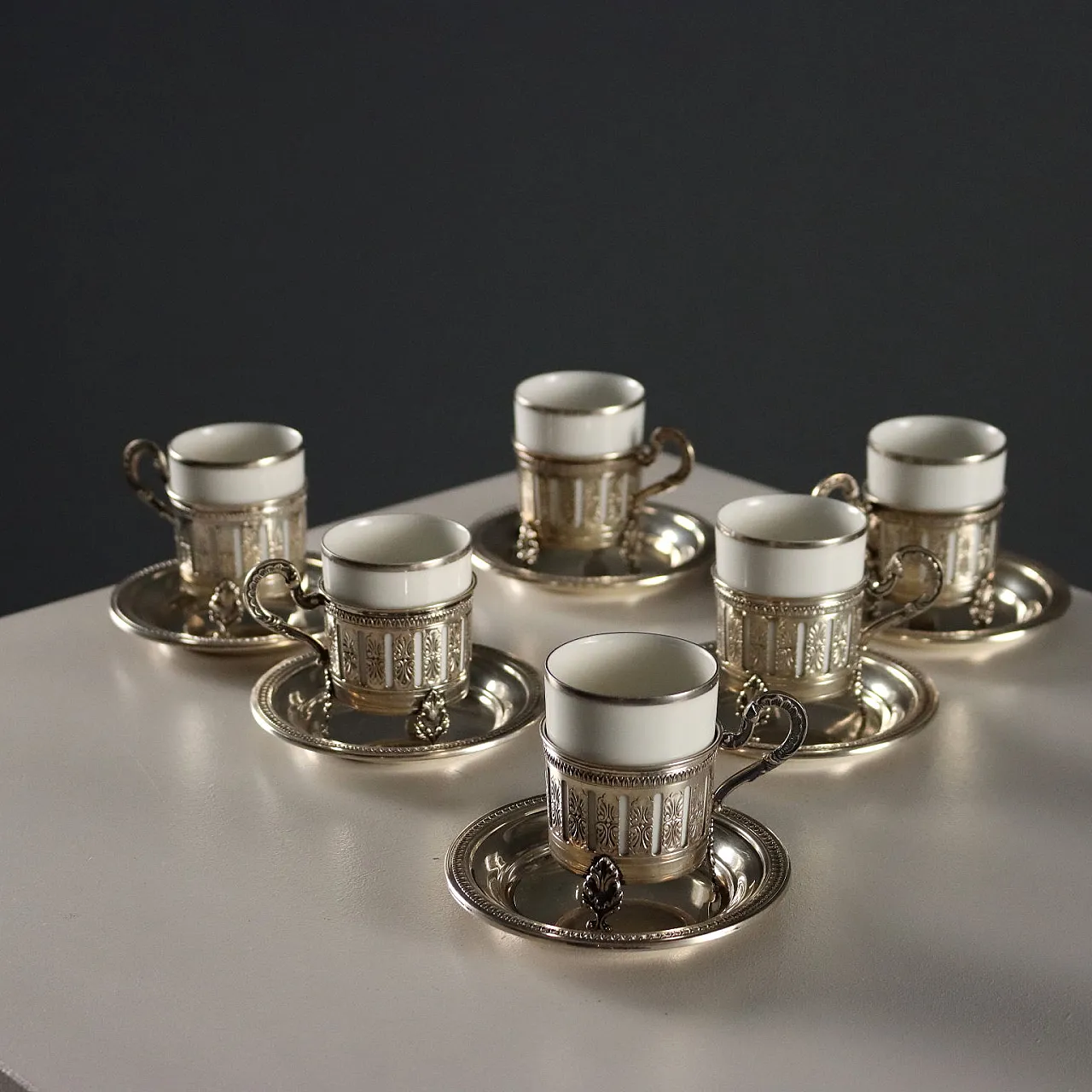 6 Tazzine da caffè in argento e porcellana di Heinrich, '900 1