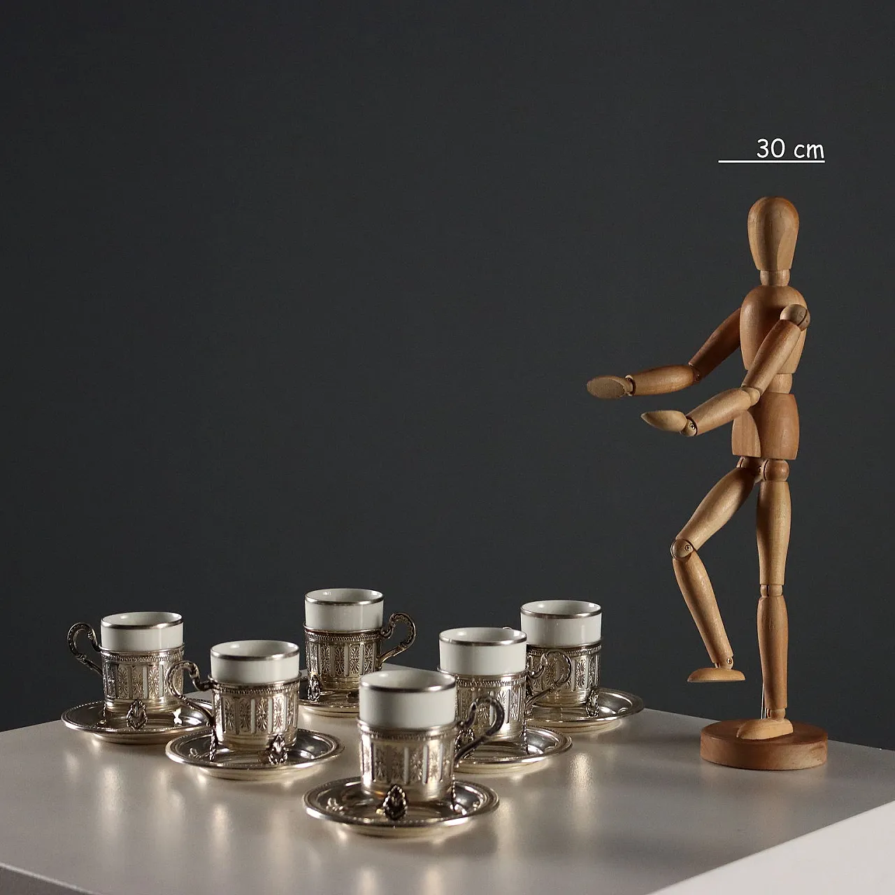 6 Tazzine da caffè in argento e porcellana di Heinrich, '900 2