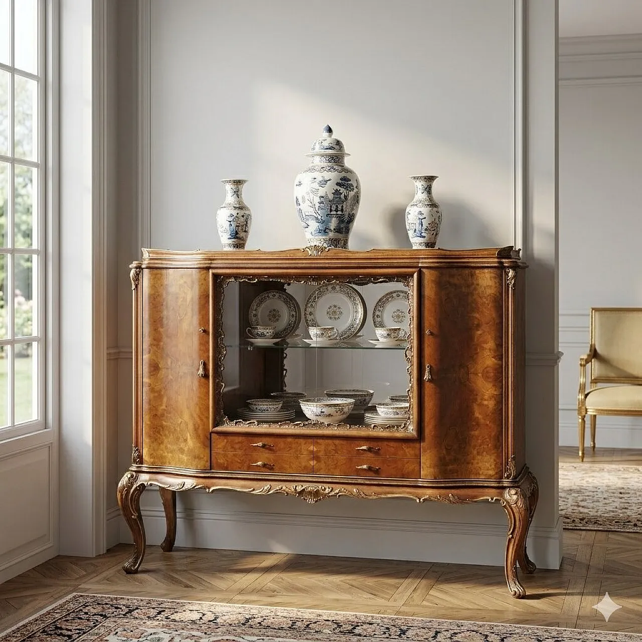 Credenza in stile Chippendale in noce e radica, primo '900 2