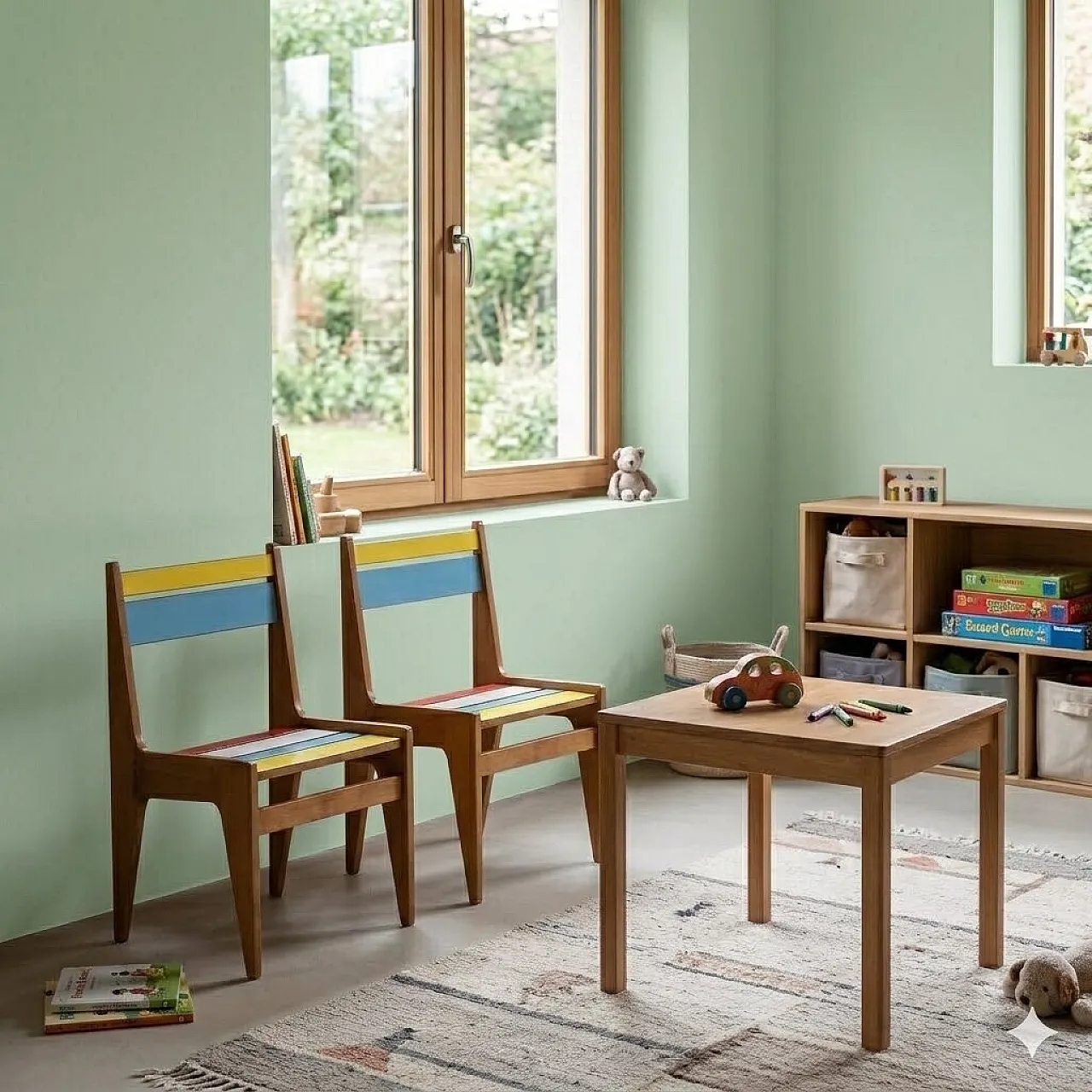 Coppia di poltroncine in faggio con inserti in formica colorata, '900 2