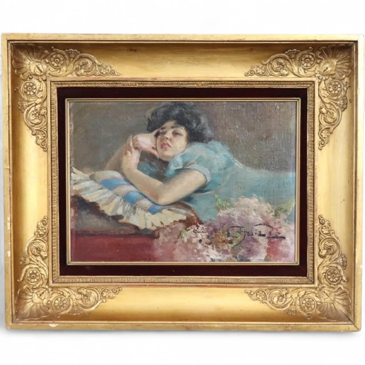Oil painting on plywood "pensive girl" signed A. Villa, 19th century 17