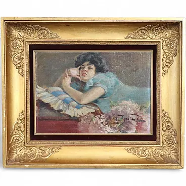 Oil painting on plywood pensive girl signed A. Villa, 19th century