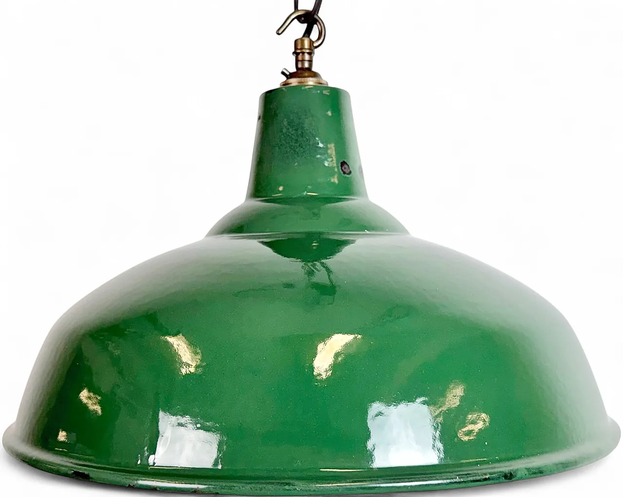Lampada a sospensione industriale britannica di fabbrica smaltata verde, anni '60 20
