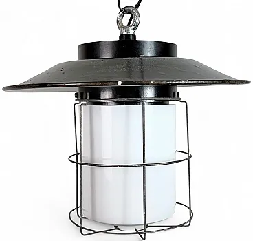 Industrial Grey Enamel Cage Pendant Lamp, 1960s