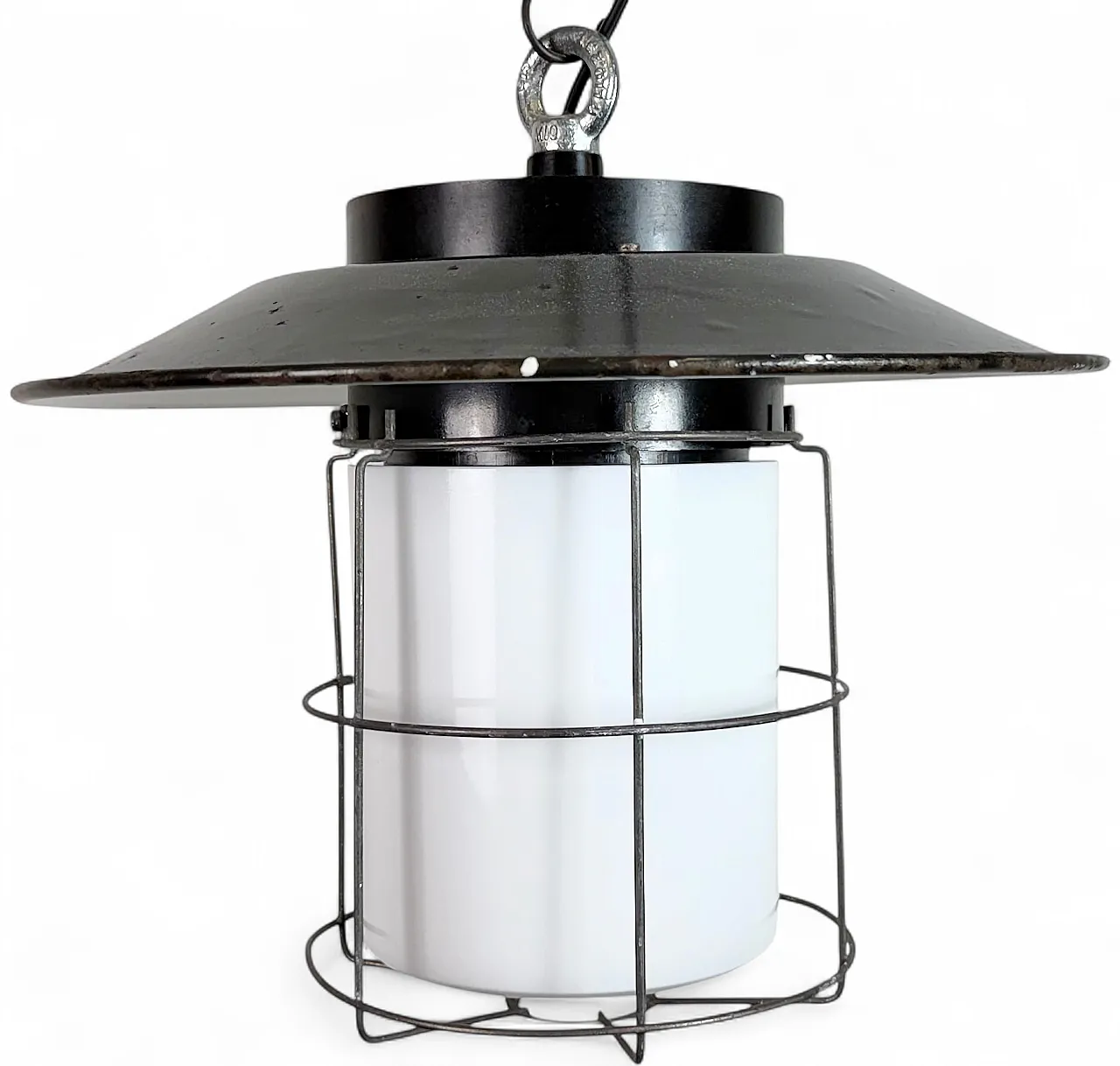 Lampada a sospensione industriale a gabbia in smalto grigio, anni '60 17