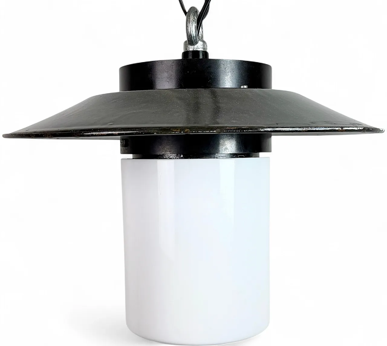 Industrial Grey Enamel Pendant Lamp with Milk Glass, 1960s 19