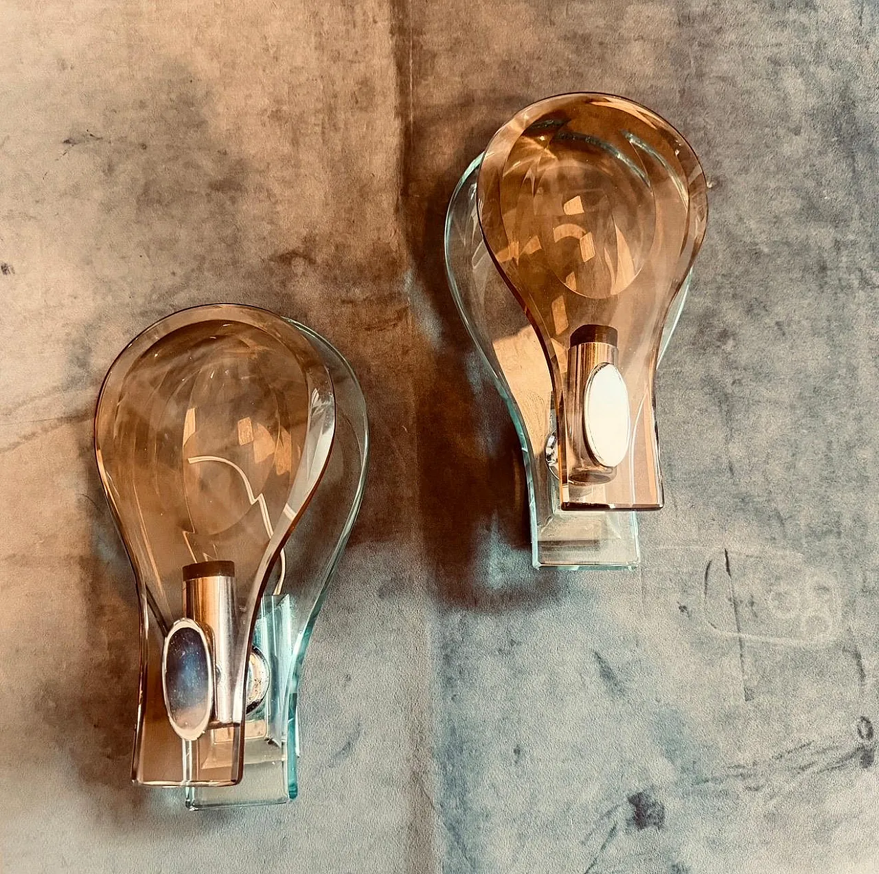 Space Age brown and green heavy glass wall sconces by Veca, 1960s 11