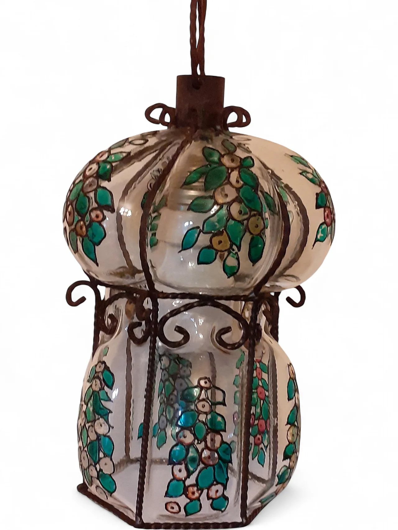 Lampadario in vetro e ferro battuto, 70s 7