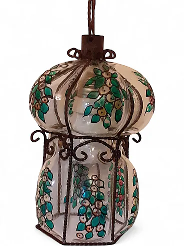 Lampadario in vetro e ferro battuto, 70s