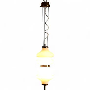Lampada a sospensione in vetro e ottone, anni '60
