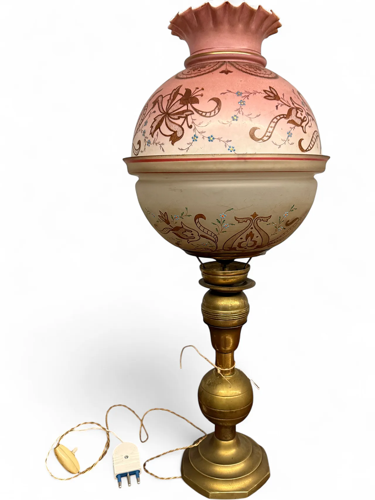 Oil lamp in bronze and painted glass, Victorian, 19th century 13