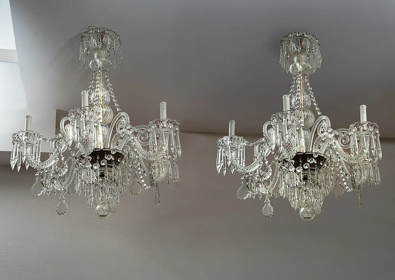 Pair of 6-armed crystal and wall glass chandeliers, 20th century 1