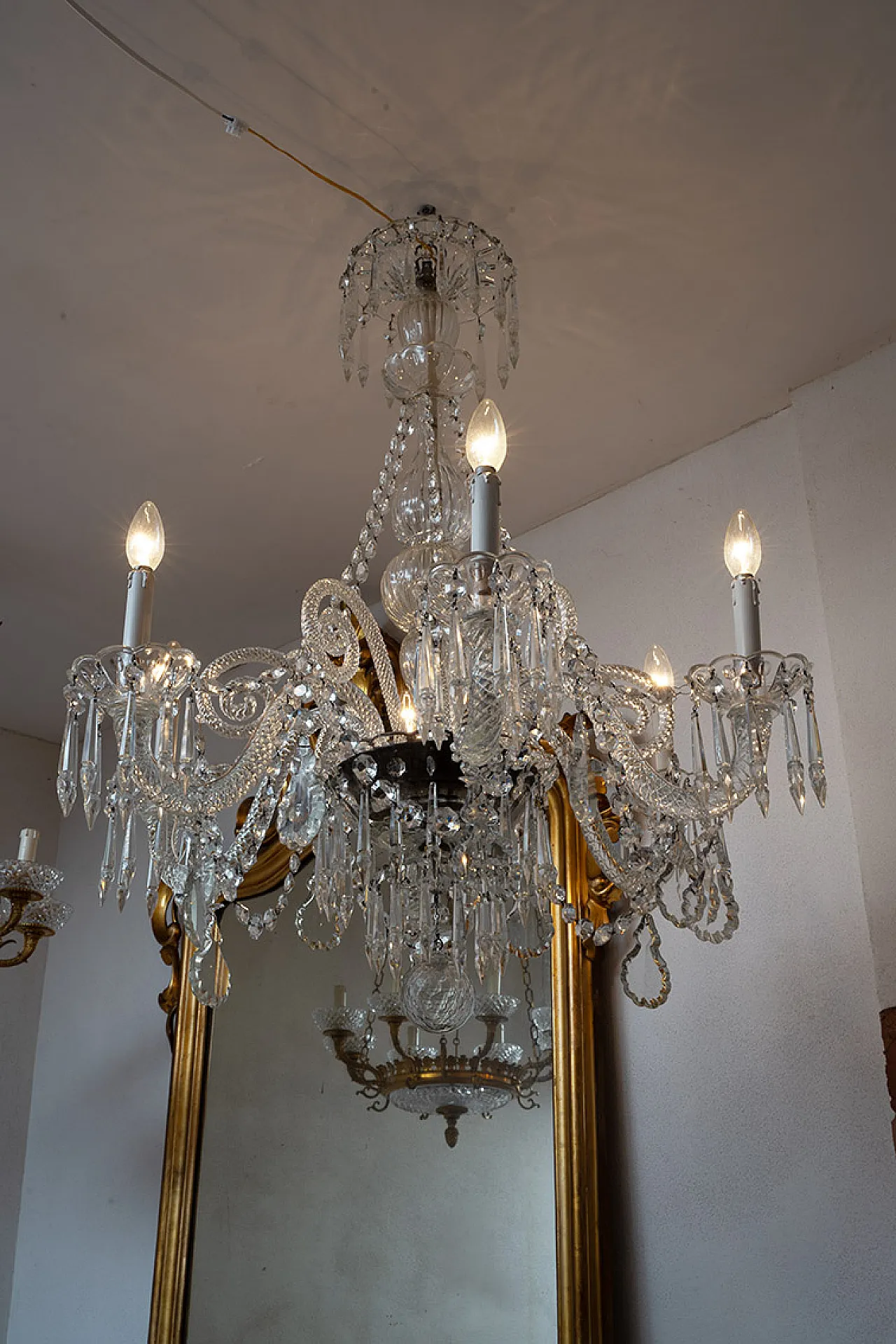 Pair of 6-armed crystal and wall glass chandeliers, 20th century 2