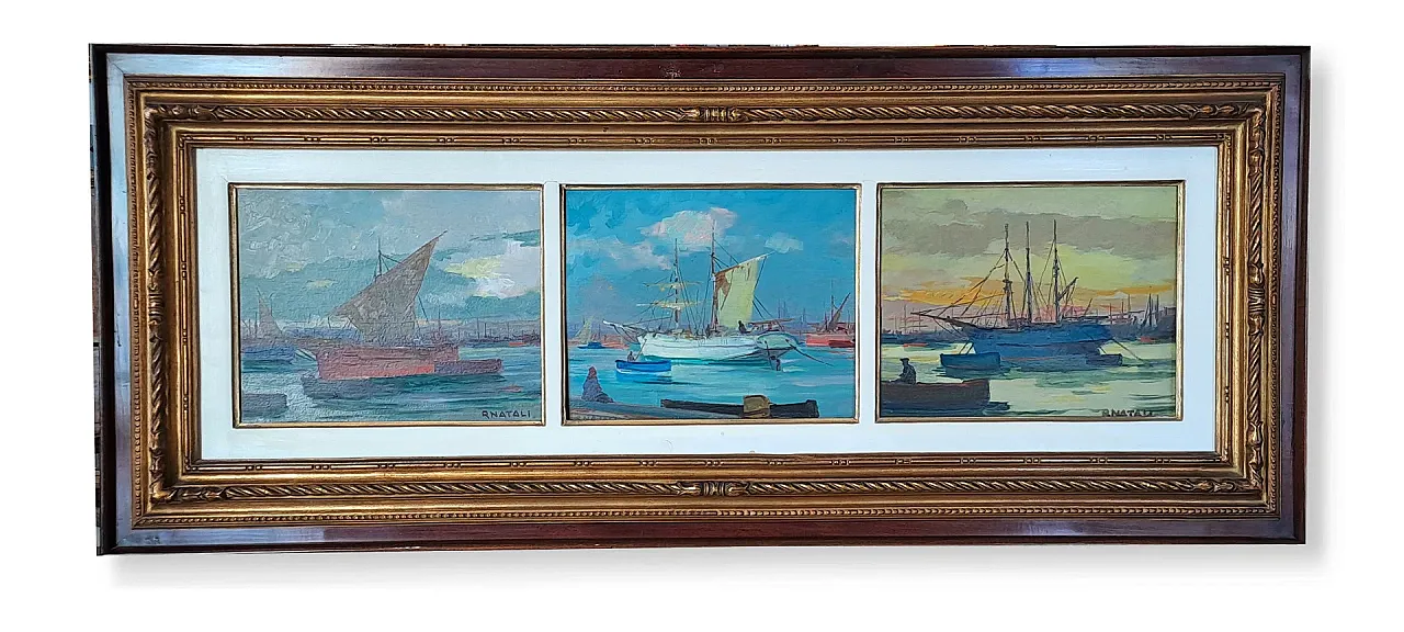 Sails in Port by Renato Natali, oil on plywood, 20th century 1