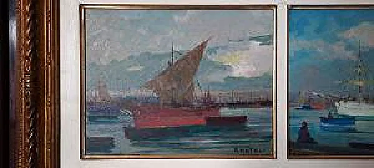 Sails in Port by Renato Natali, oil on plywood, 20th century 2