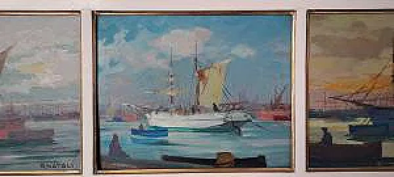 Sails in Port by Renato Natali, oil on plywood, 20th century 3