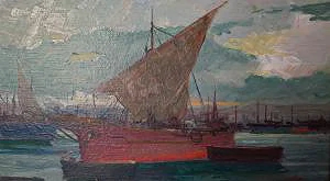 Sails in Port by Renato Natali, oil on plywood, 20th century 5
