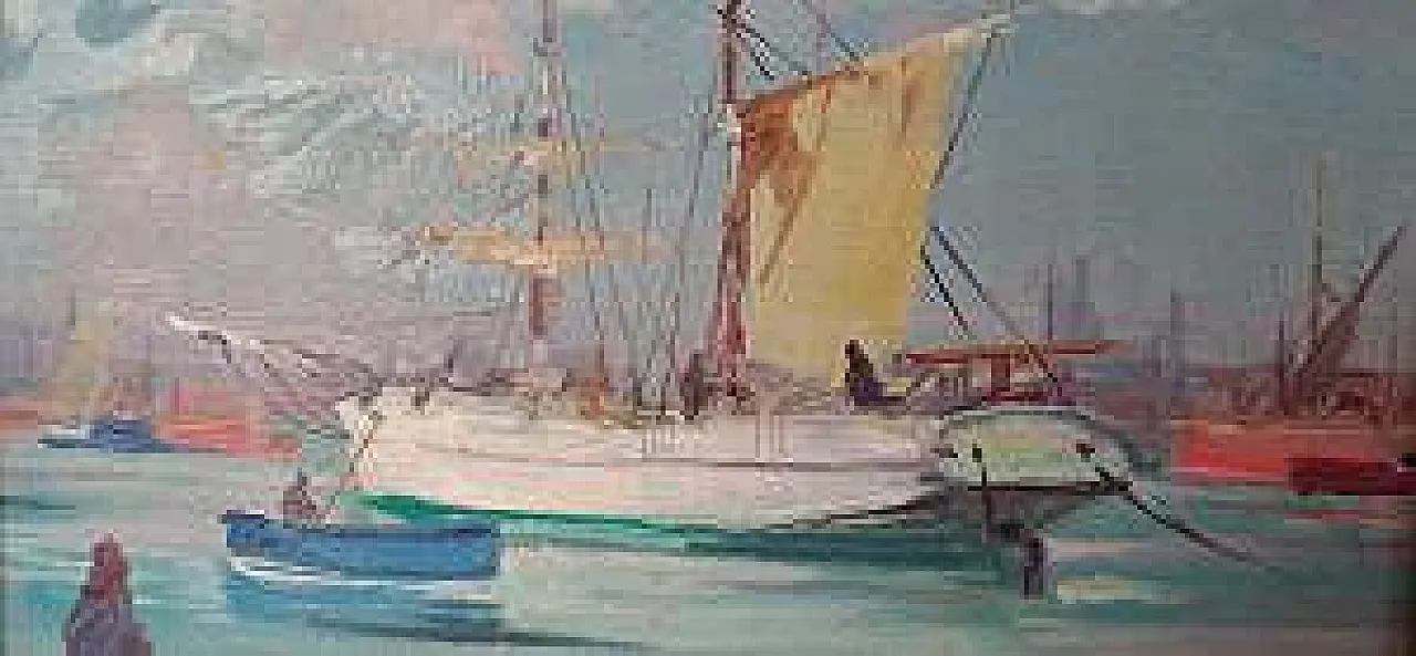 Sails in Port by Renato Natali, oil on plywood, 20th century 6