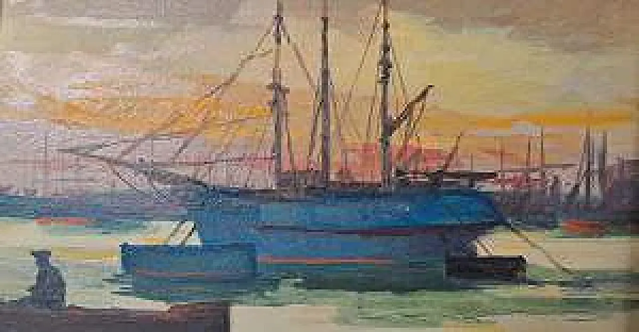 Sails in Port by Renato Natali, oil on plywood, 20th century 7