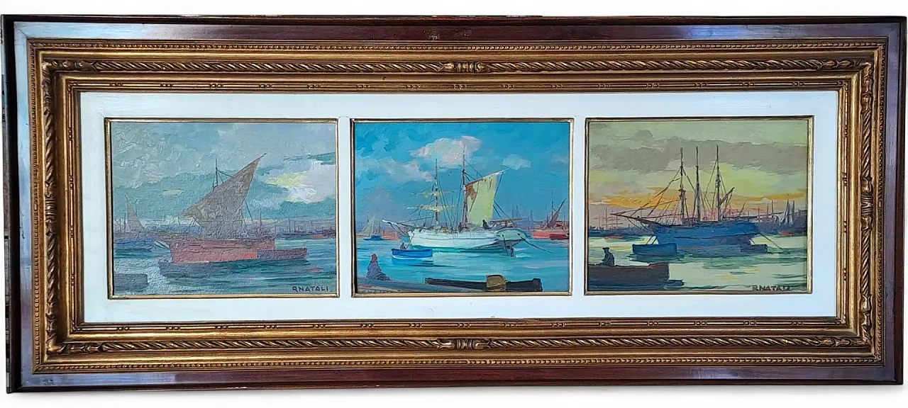 Sails in Port by Renato Natali, oil on plywood, 20th century 11