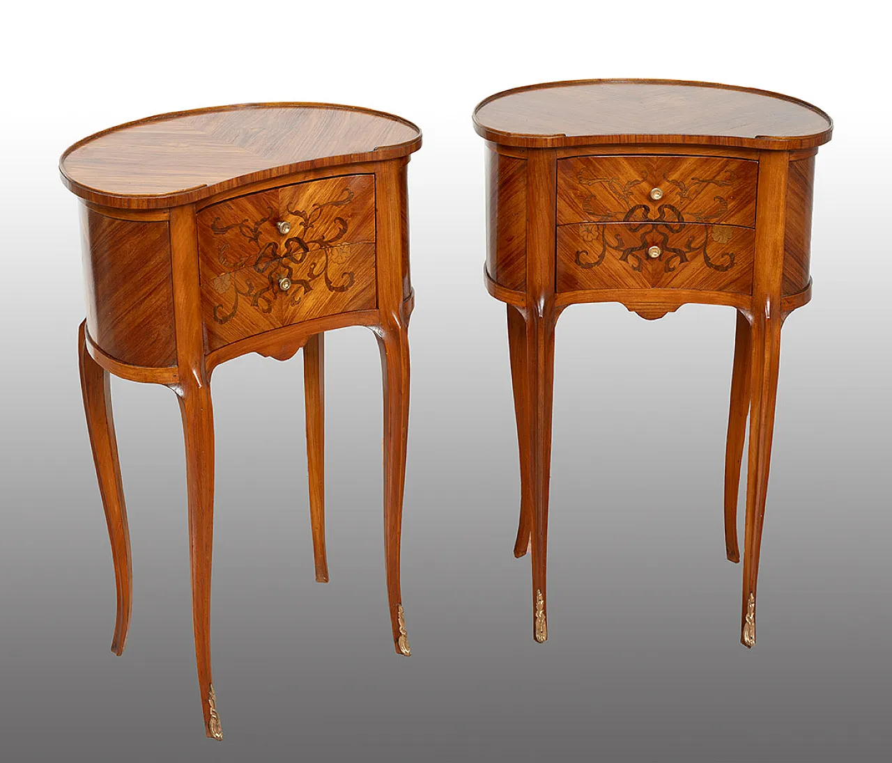 Pair of bedside tables in precious exotic woods, early 20th century 1